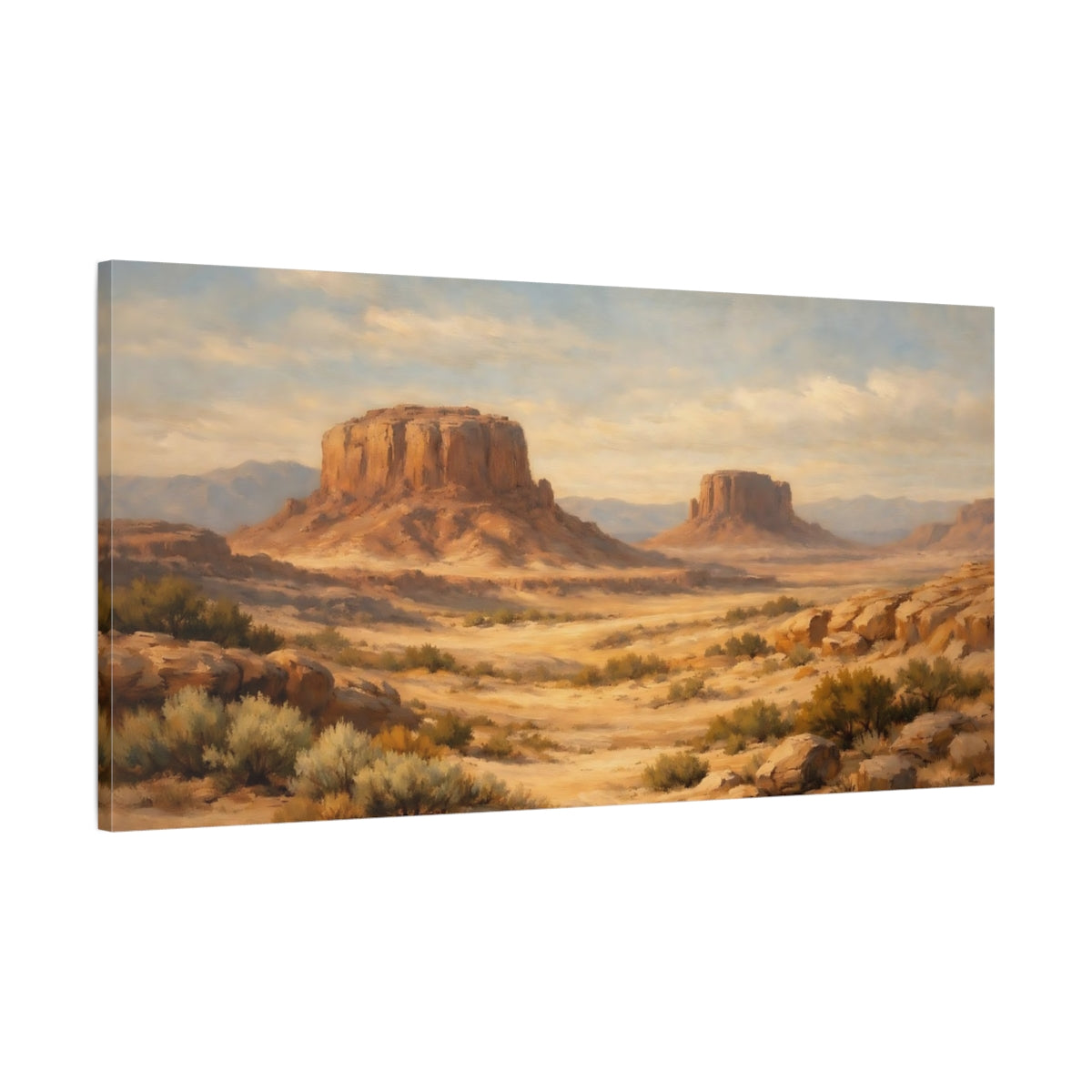 Side Mockup 1. Nature Desert Mesas Desert Mesa Warm Tones shown as stretched canvas wall art