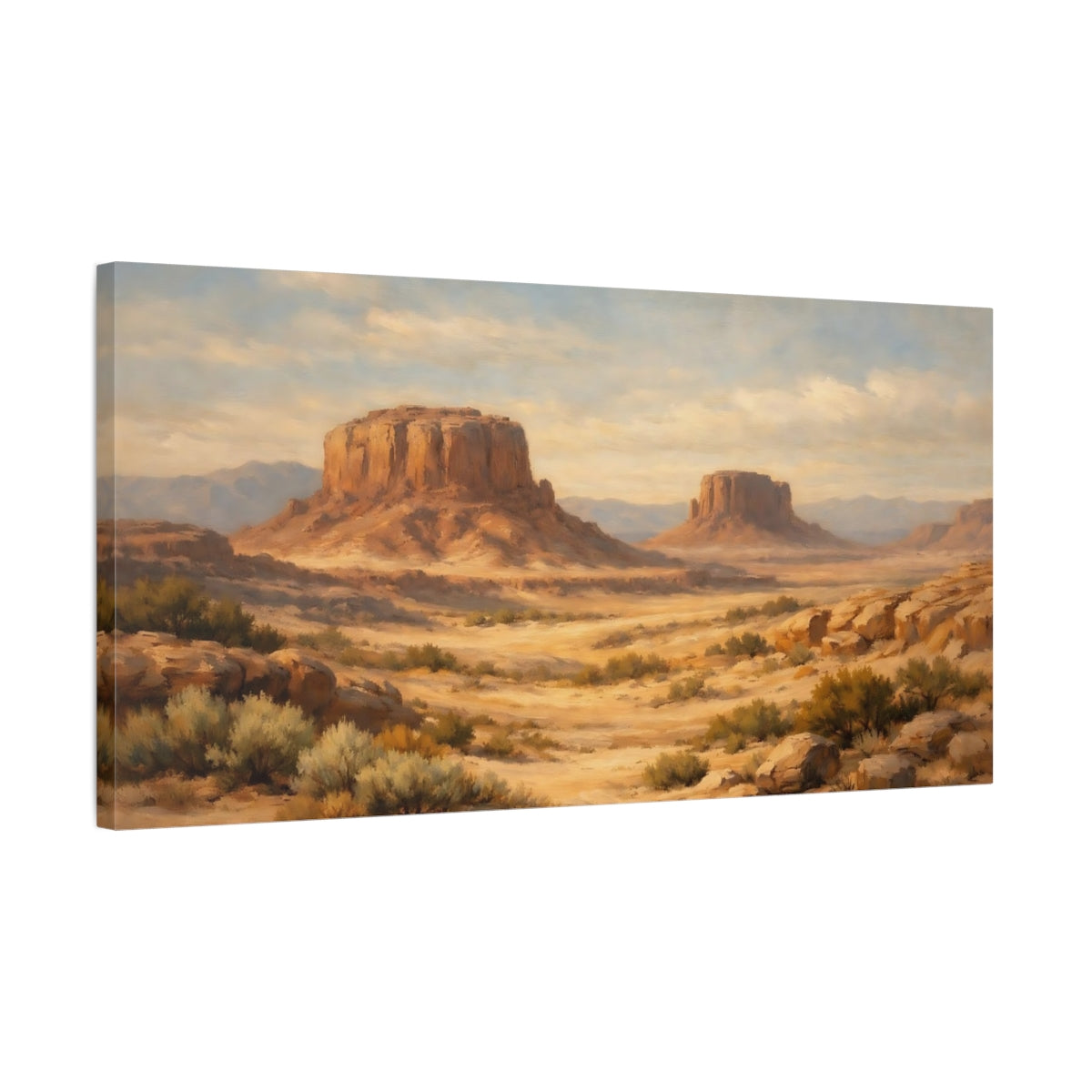 Side Mockup 2. Nature Desert Mesas Desert Mesa Warm Tones shown as stretched canvas wall art
