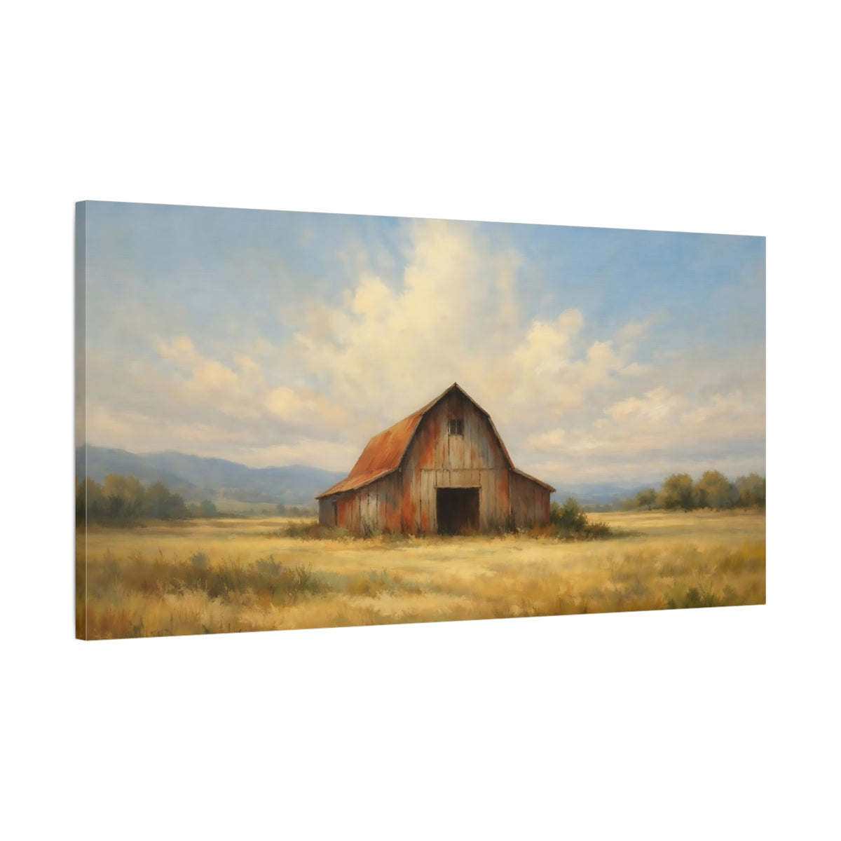 Side Mockup 1. Nature Rustic Barn Red Barn Golden Field shown as stretched canvas wall art