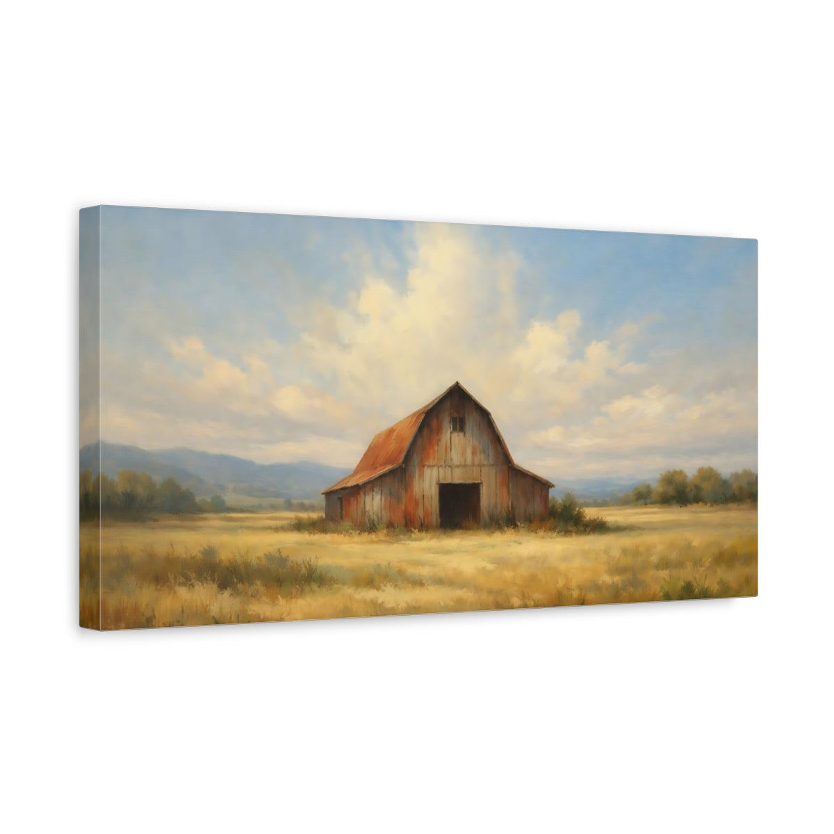 Side Mockup 3. Nature Rustic Barn Red Barn Golden Field shown as stretched canvas wall art