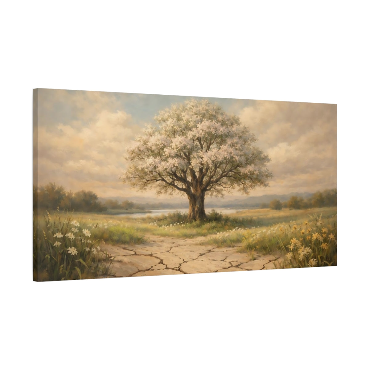 Side Mockup 1. Nature Flowering Tree Brown And Beige Landscape shown as stretched canvas wall art