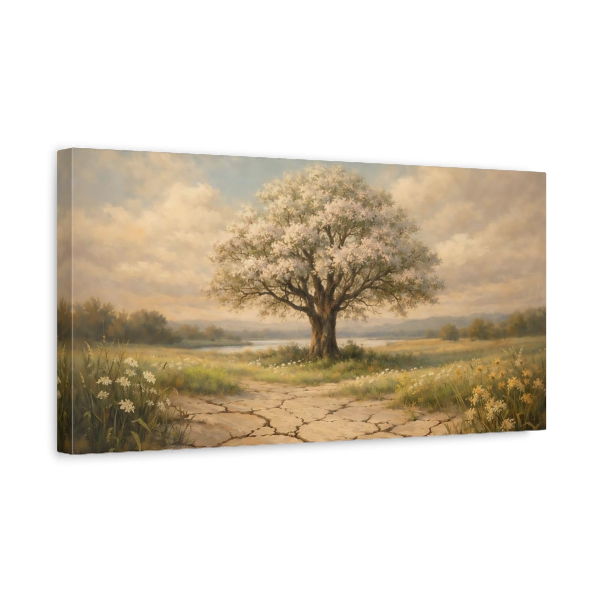 Side Mockup 3. Nature Flowering Tree Brown And Beige Landscape shown as stretched canvas wall art