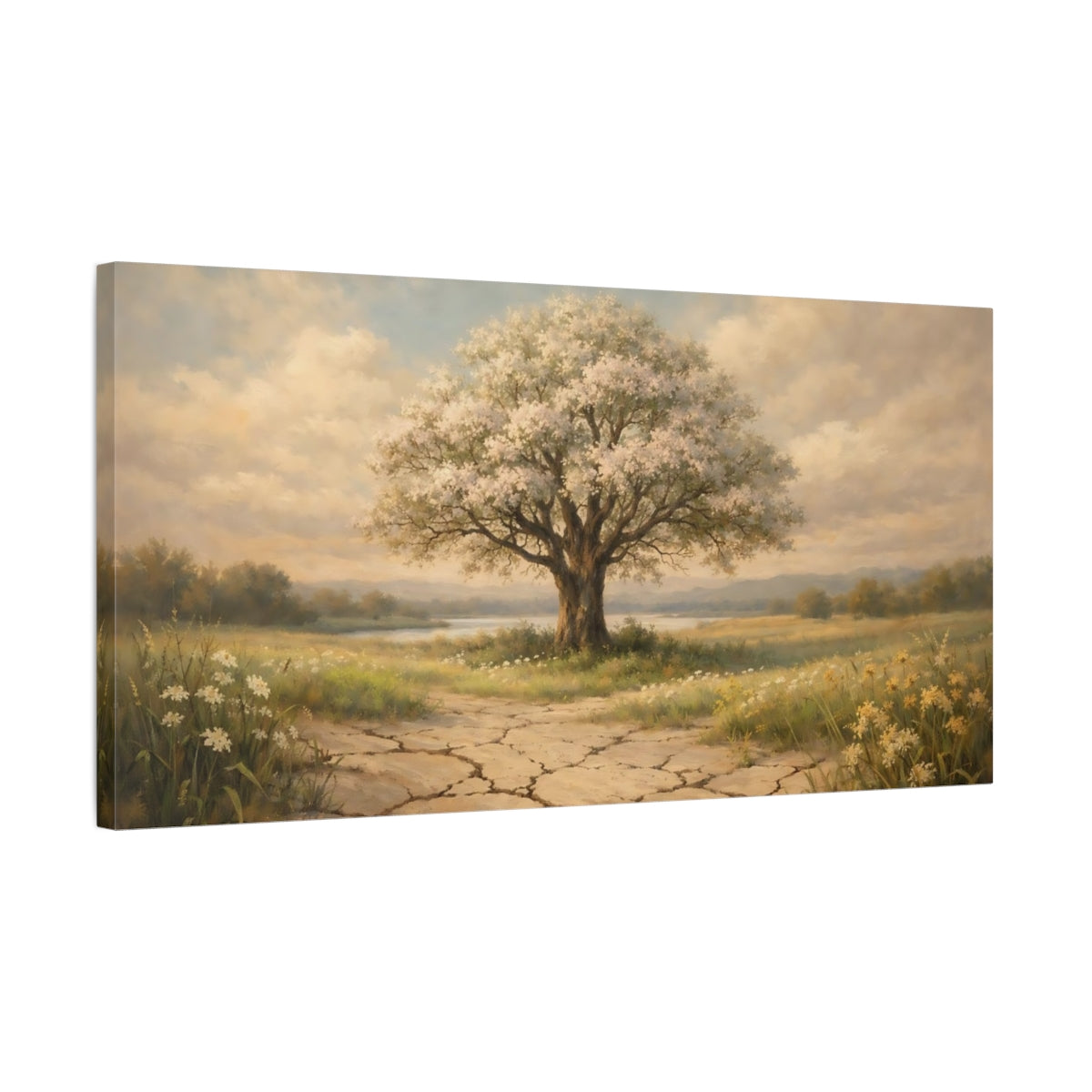 Side Mockup 2. Nature Flowering Tree Brown And Beige Landscape shown as stretched canvas wall art