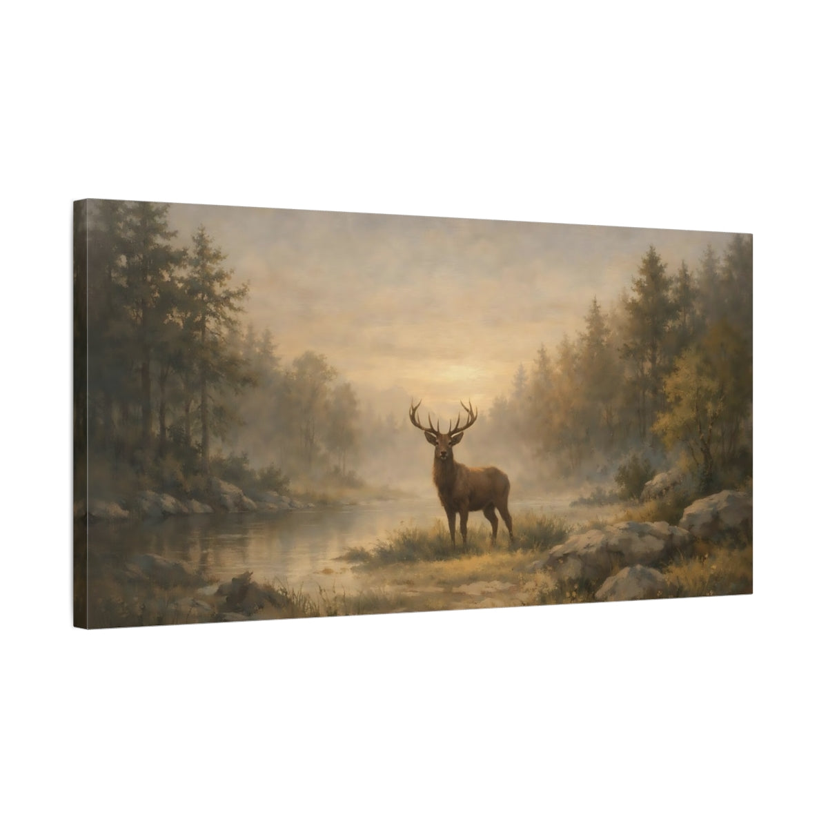 Side Mockup 2. Animals Stag Brown And Gold Deer shown as stretched canvas wall art