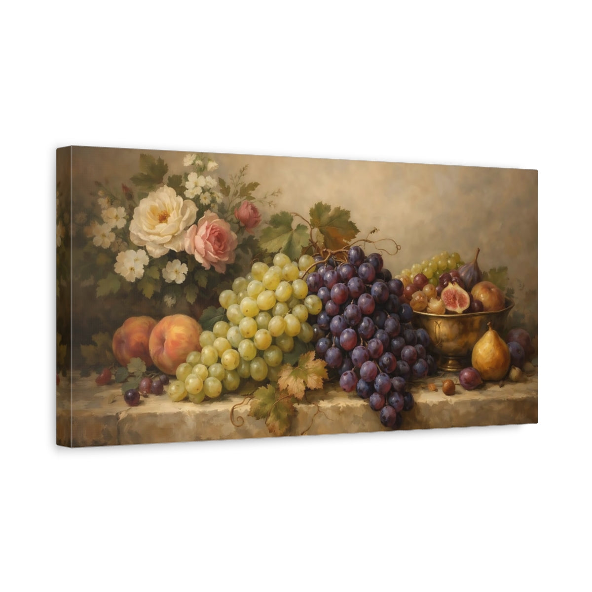 Side Mockup 3. Nature Fruit Still Life Grapes And Flowers shown as stretched canvas wall art
