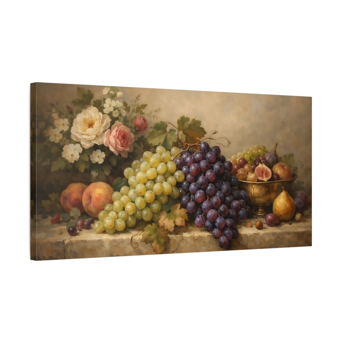 Side Mockup 2. Nature Fruit Still Life Grapes And Flowers shown as stretched canvas wall art