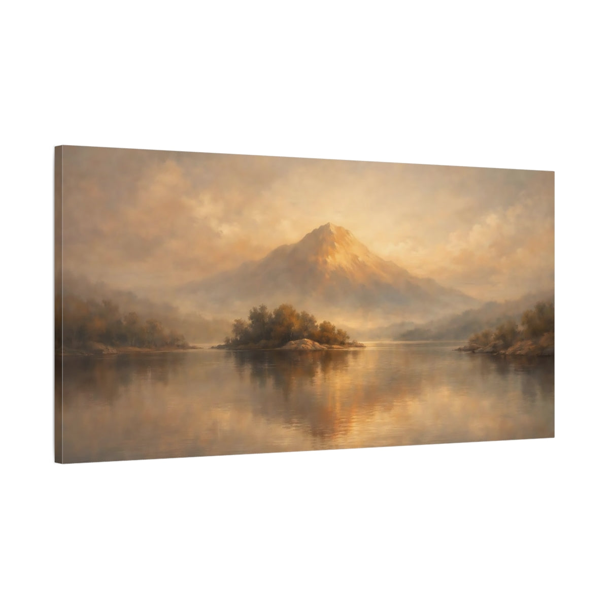 Side Mockup 1. Nature Mountain Lake Golden Lake Mountain shown as stretched canvas wall art