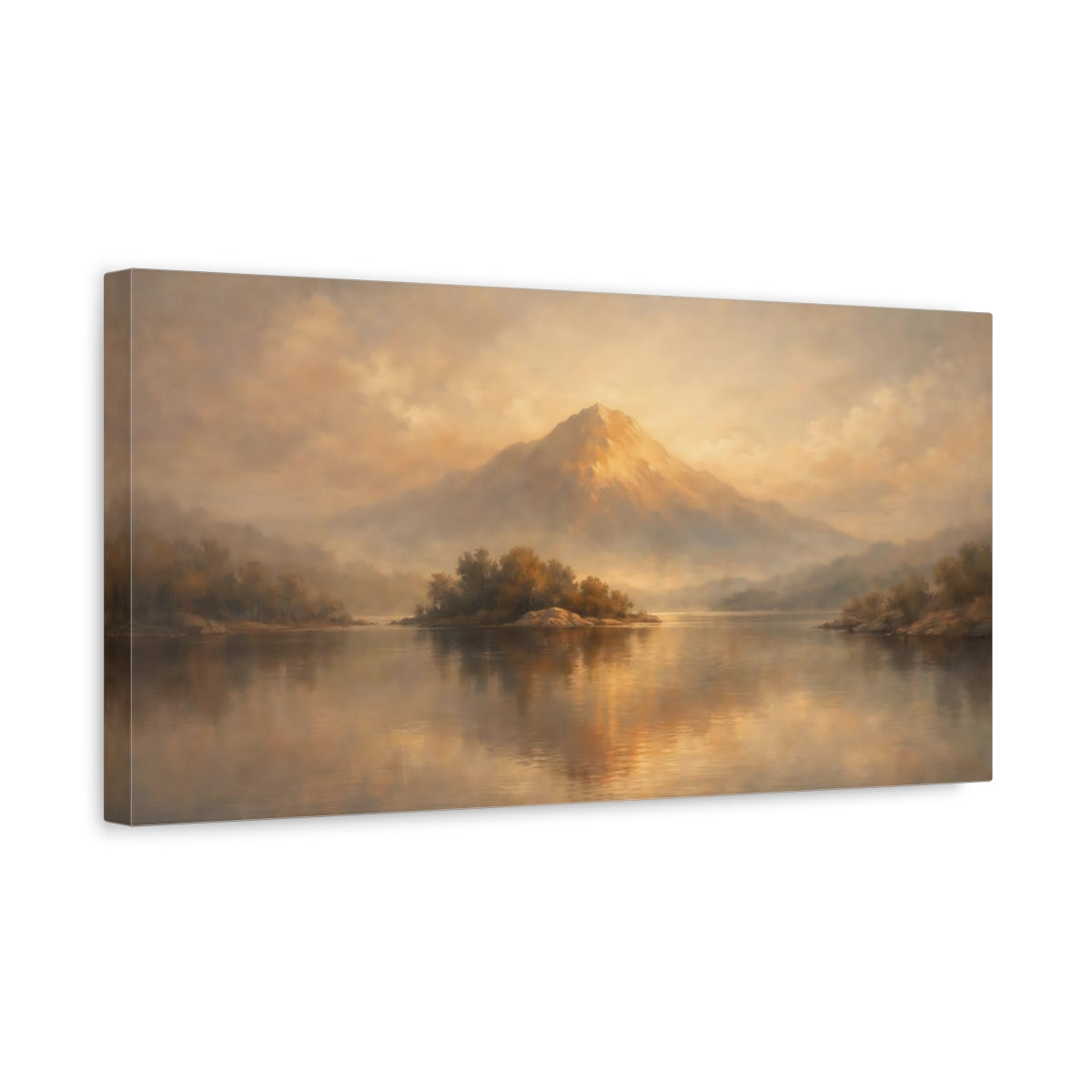 Side Mockup 3. Nature Mountain Lake Golden Lake Mountain shown as stretched canvas wall art