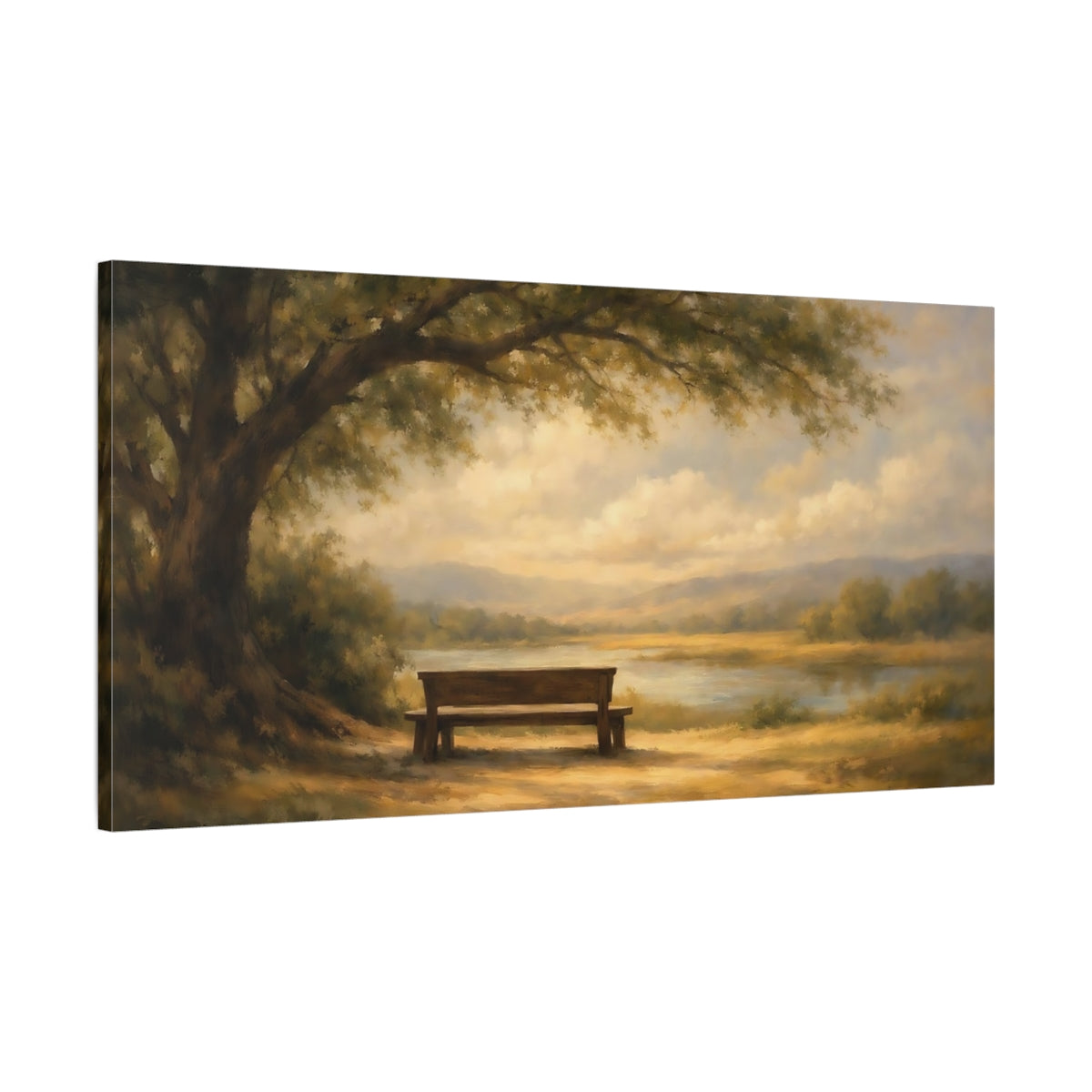 Side Mockup 1. Nature Park Bench Earthy Landscape shown as stretched canvas wall art