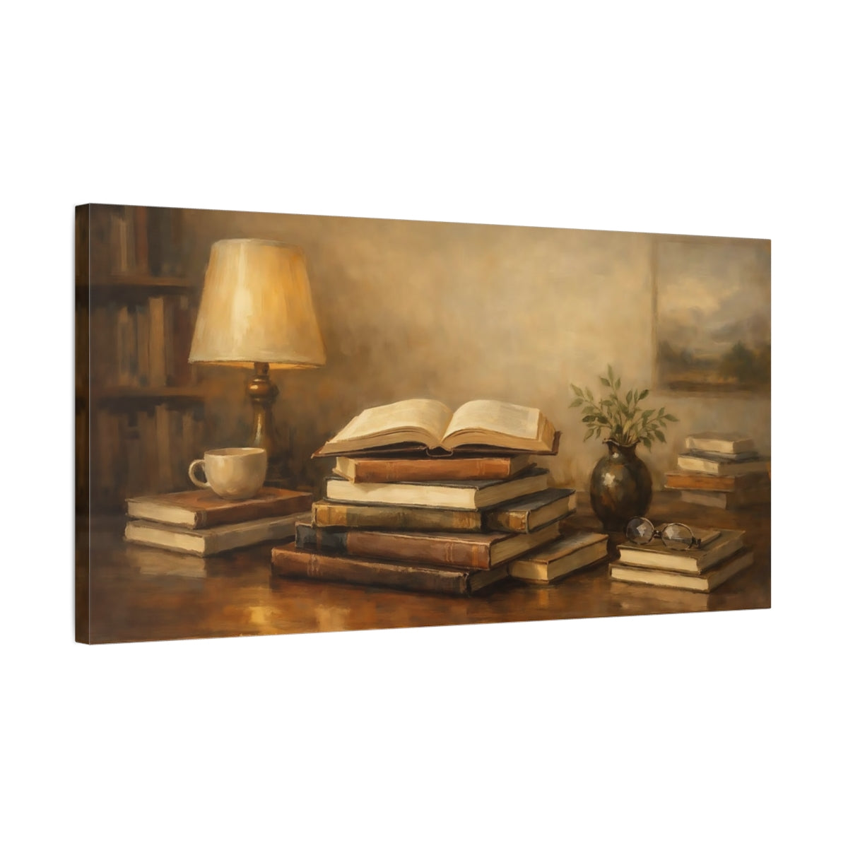 Side Mockup 2. Vintage Books Brown Books Still Life shown as stretched canvas wall art