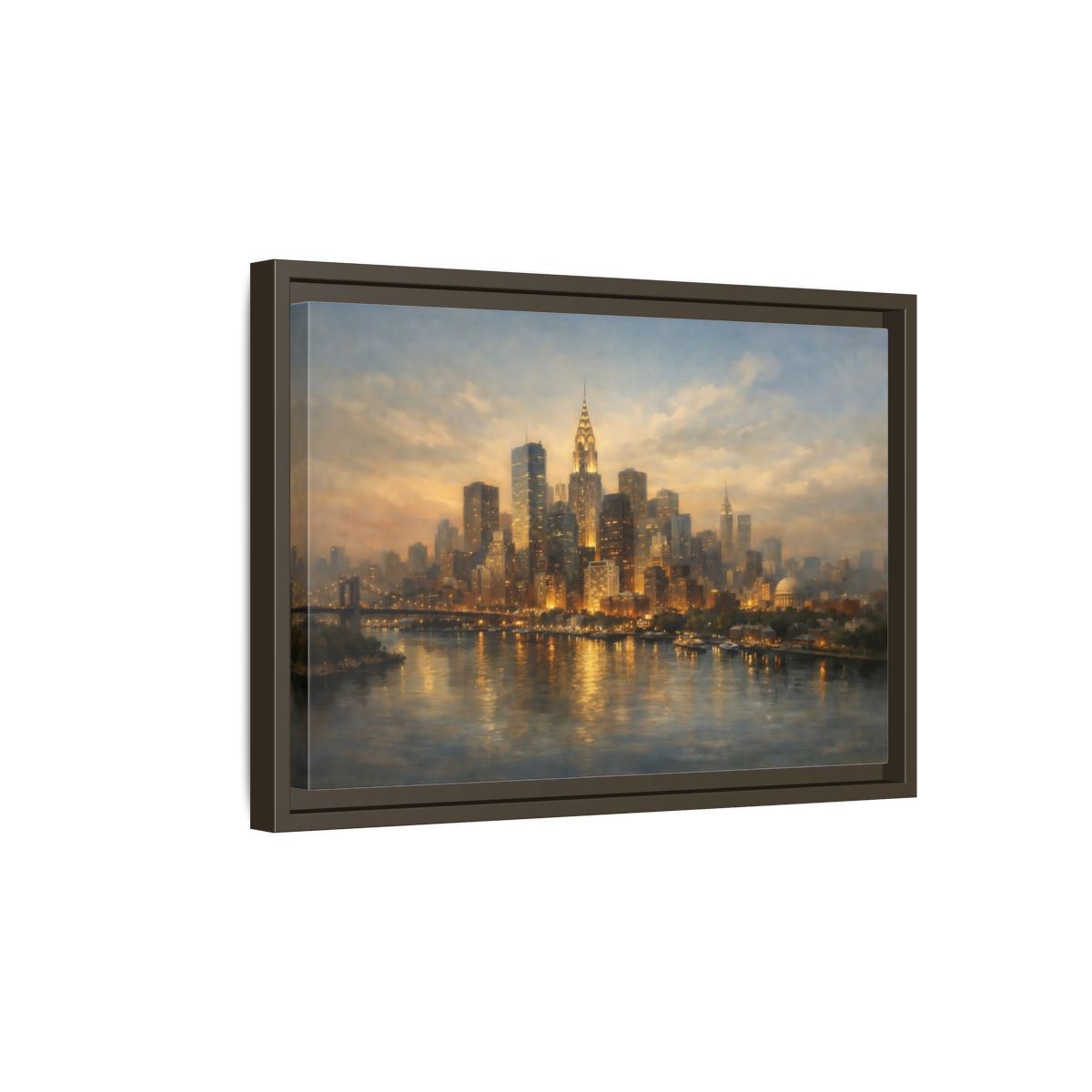 Side Mockup 5. Vintage New York City Golden Cityscape shown as stretched canvas wall art