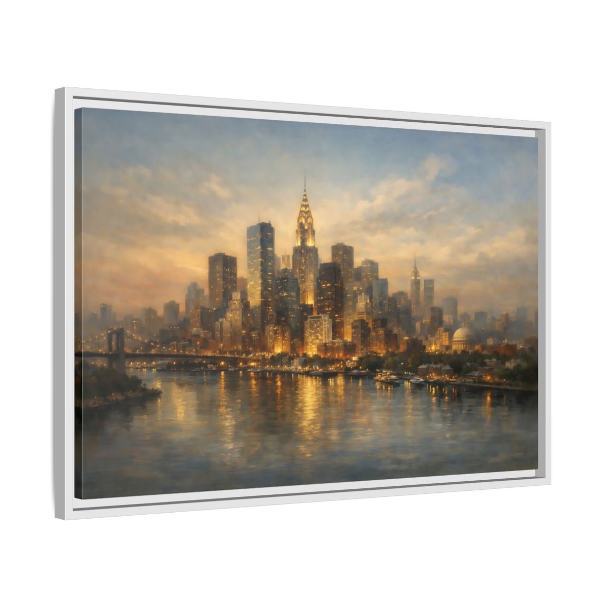 Side Mockup 10. Vintage New York City Golden Cityscape shown as stretched canvas wall art