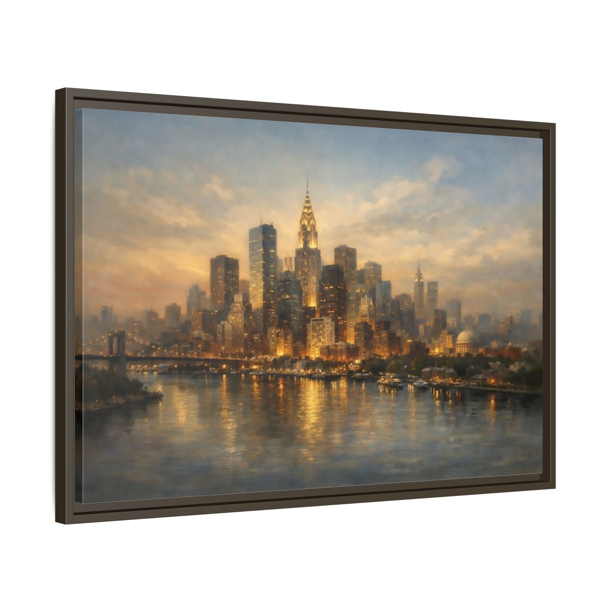 Side Mockup 11. Vintage New York City Golden Cityscape shown as stretched canvas wall art