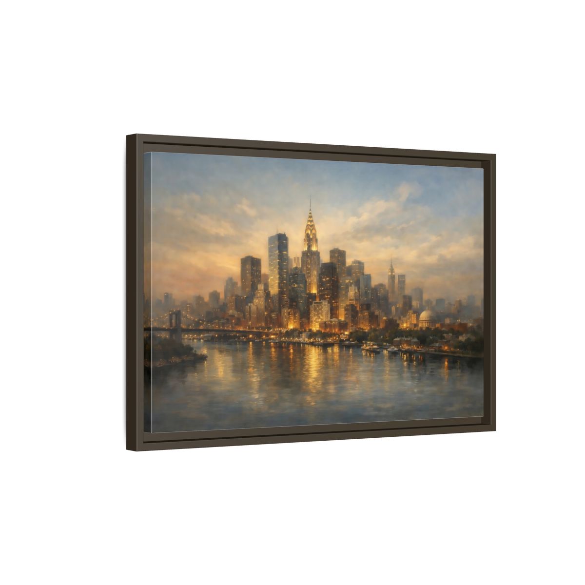Side Mockup 2. Vintage New York City Golden Cityscape shown as stretched canvas wall art