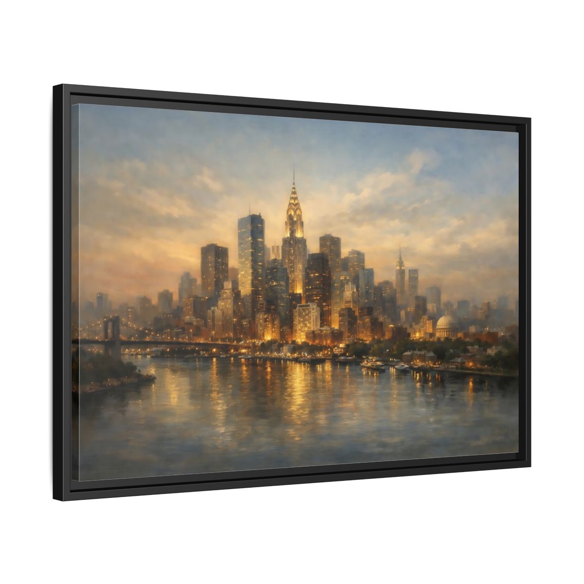 Side Mockup 14. Vintage New York City Golden Cityscape shown as stretched canvas wall art