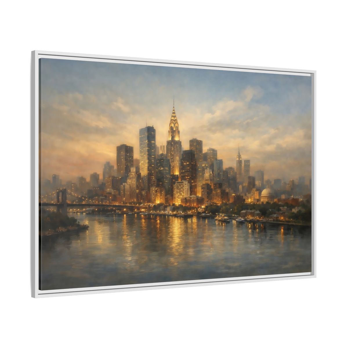 Side Mockup 7. Vintage New York City Golden Cityscape shown as stretched canvas wall art