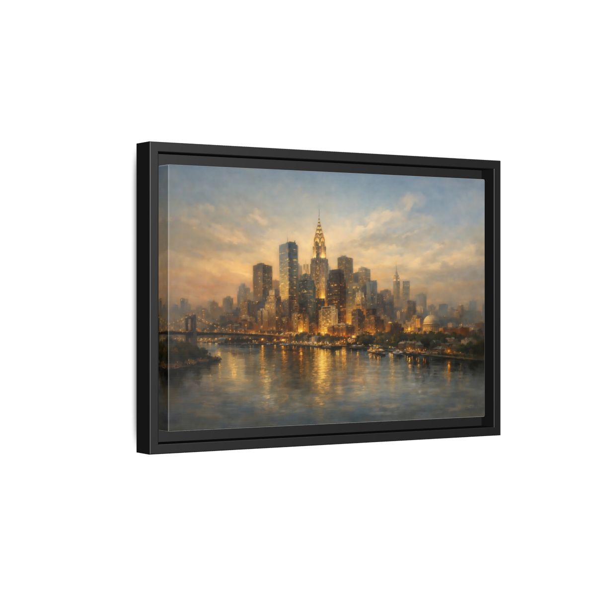 Side Mockup 6. Vintage New York City Golden Cityscape shown as stretched canvas wall art