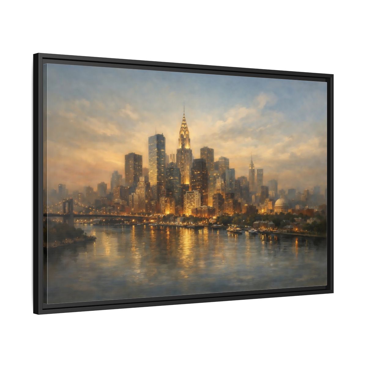 Side Mockup 13. Vintage New York City Golden Cityscape shown as stretched canvas wall art