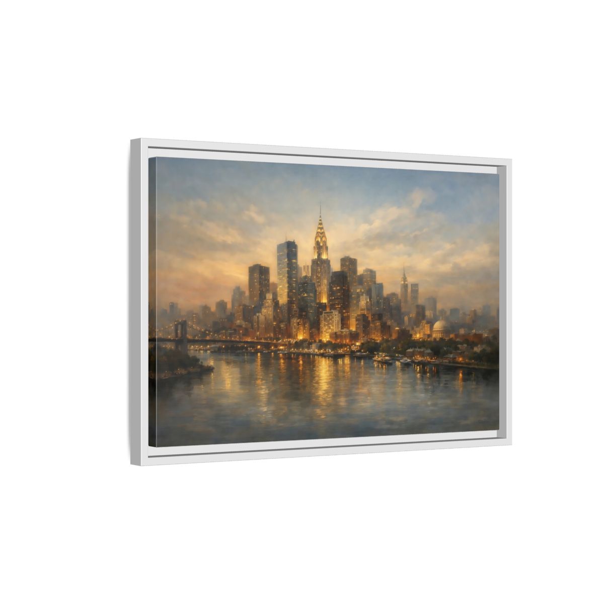 Side Mockup 1. Vintage New York City Golden Cityscape shown as stretched canvas wall art