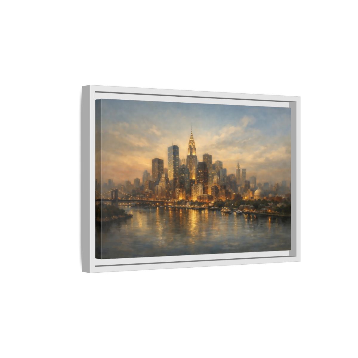 Side Mockup 4. Vintage New York City Golden Cityscape shown as stretched canvas wall art