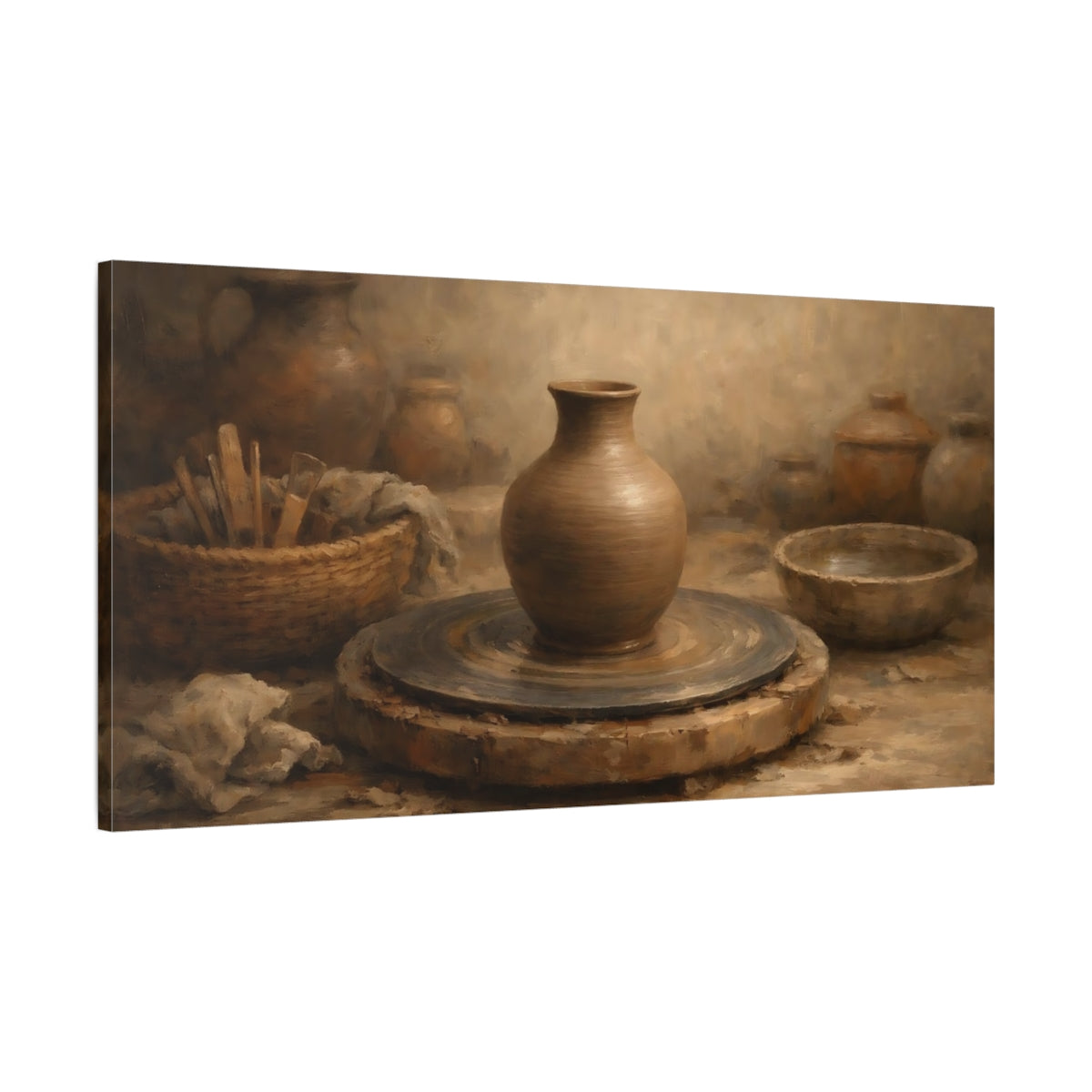 Side Mockup 1. Vintage Pottery Brown Pottery shown as stretched canvas wall art