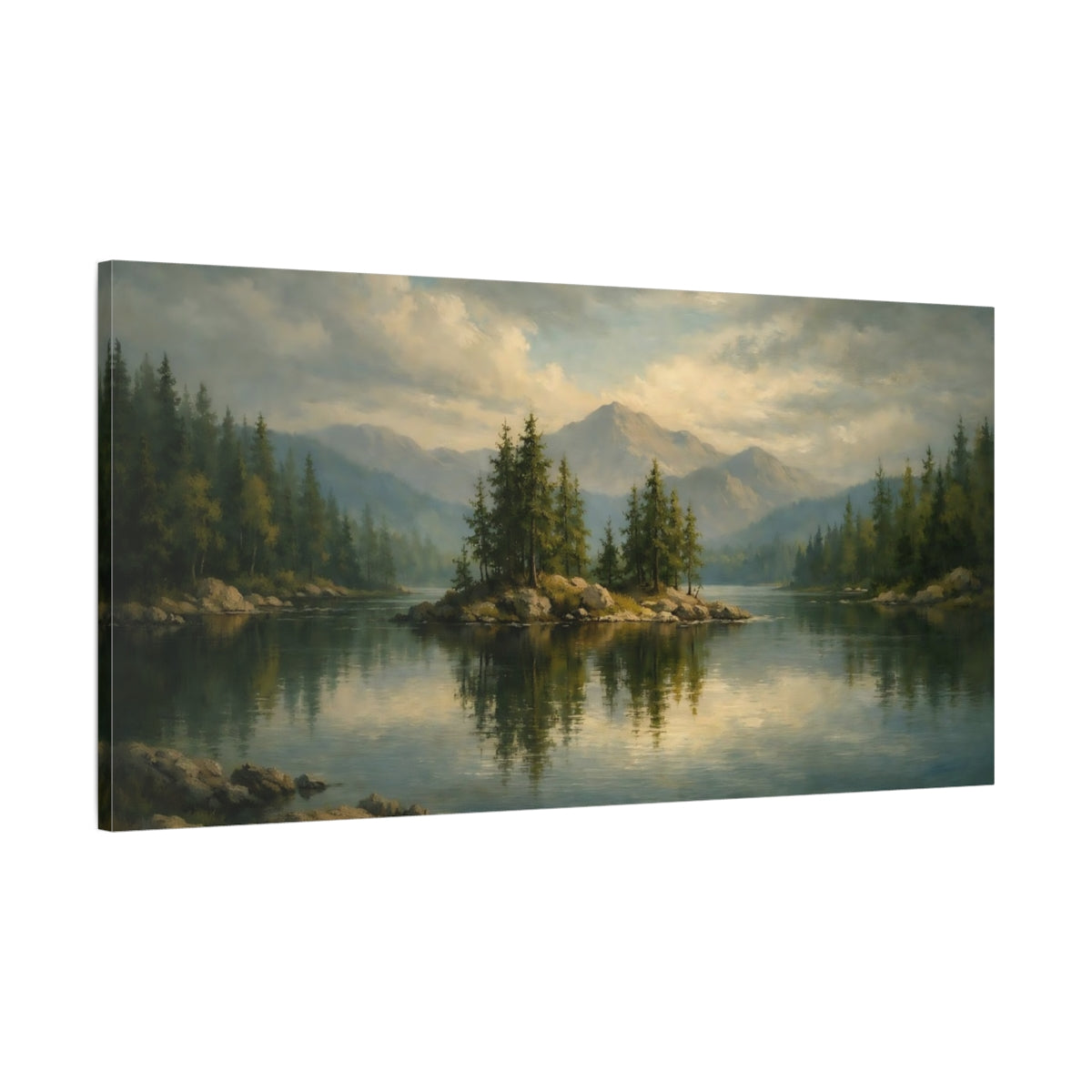 Side Mockup 1. Nature Pine Island Green Lake shown as stretched canvas wall art