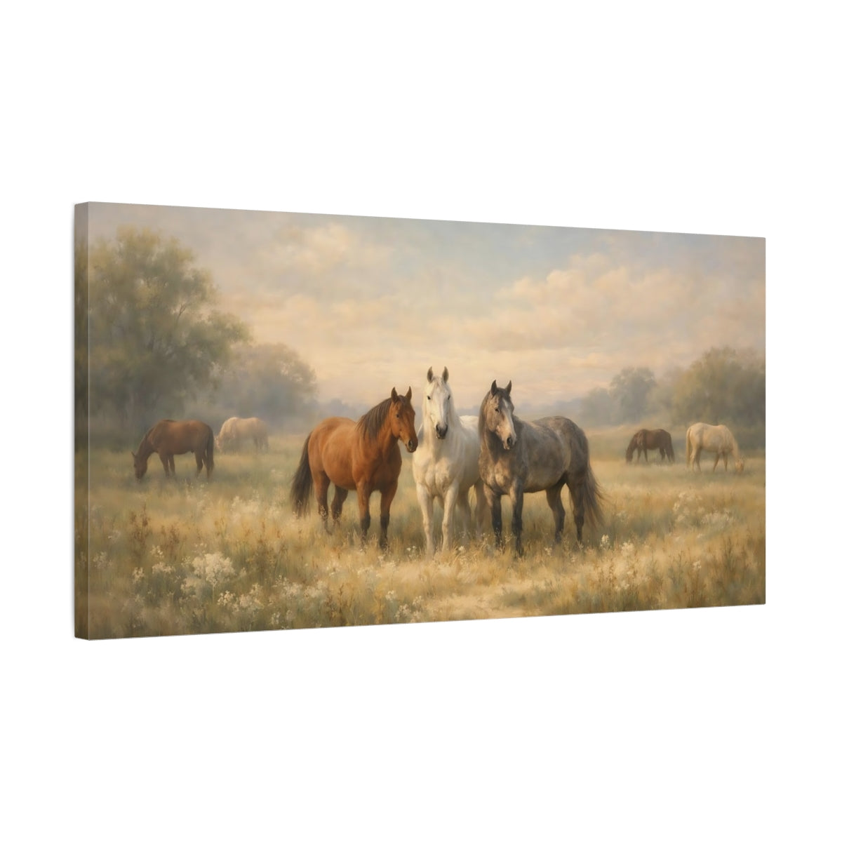 Side Mockup 2. Animals Horses Horses Landscape shown as stretched canvas wall art
