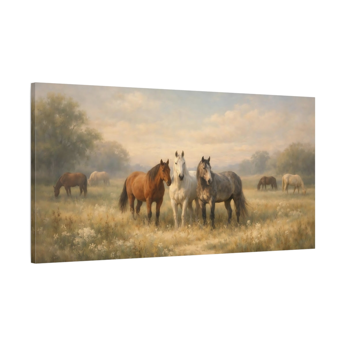 Side Mockup 1. Animals Horses Horses Landscape shown as stretched canvas wall art