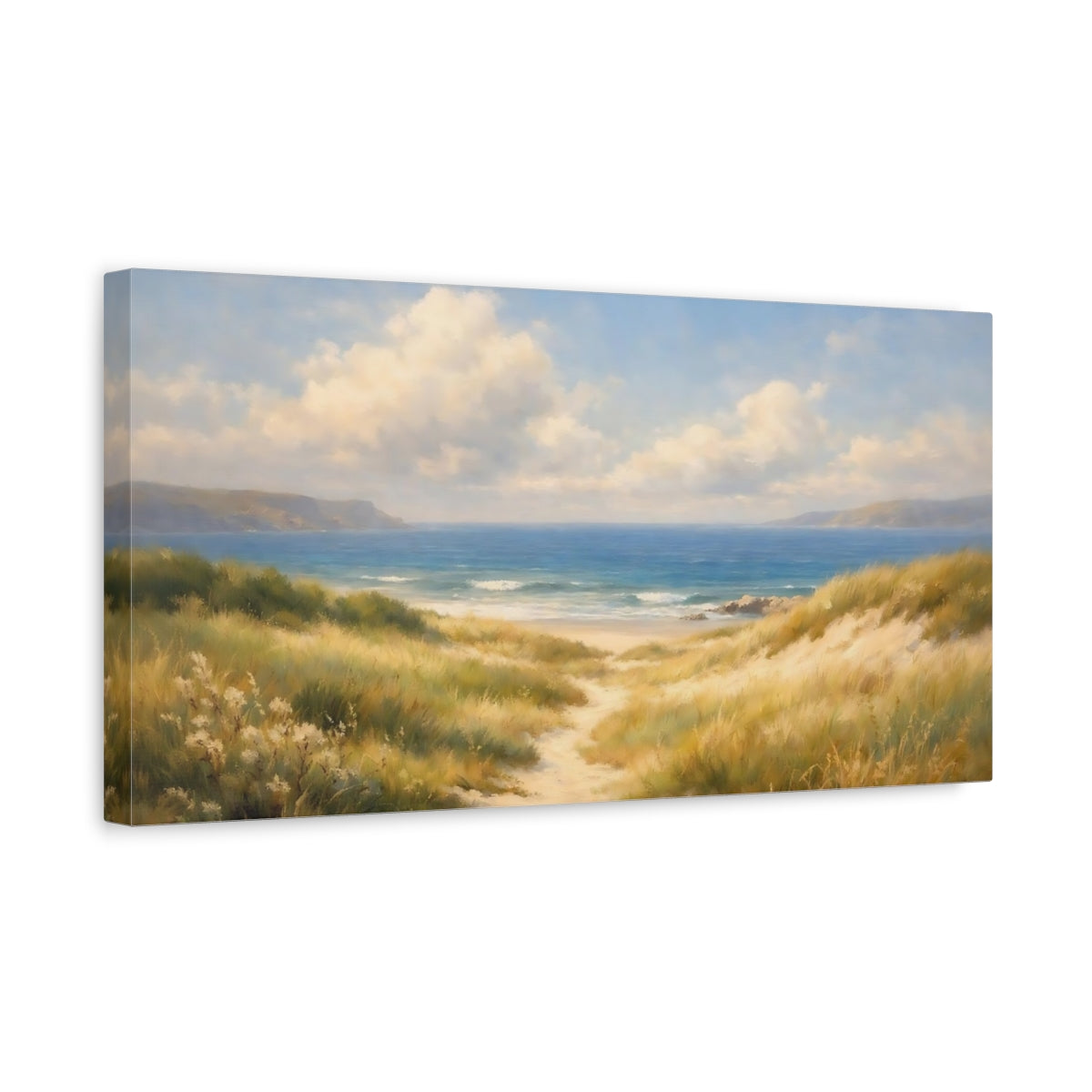 Side Mockup 3. Nature Beach Dunes Blue And Gold Beach shown as stretched canvas wall art