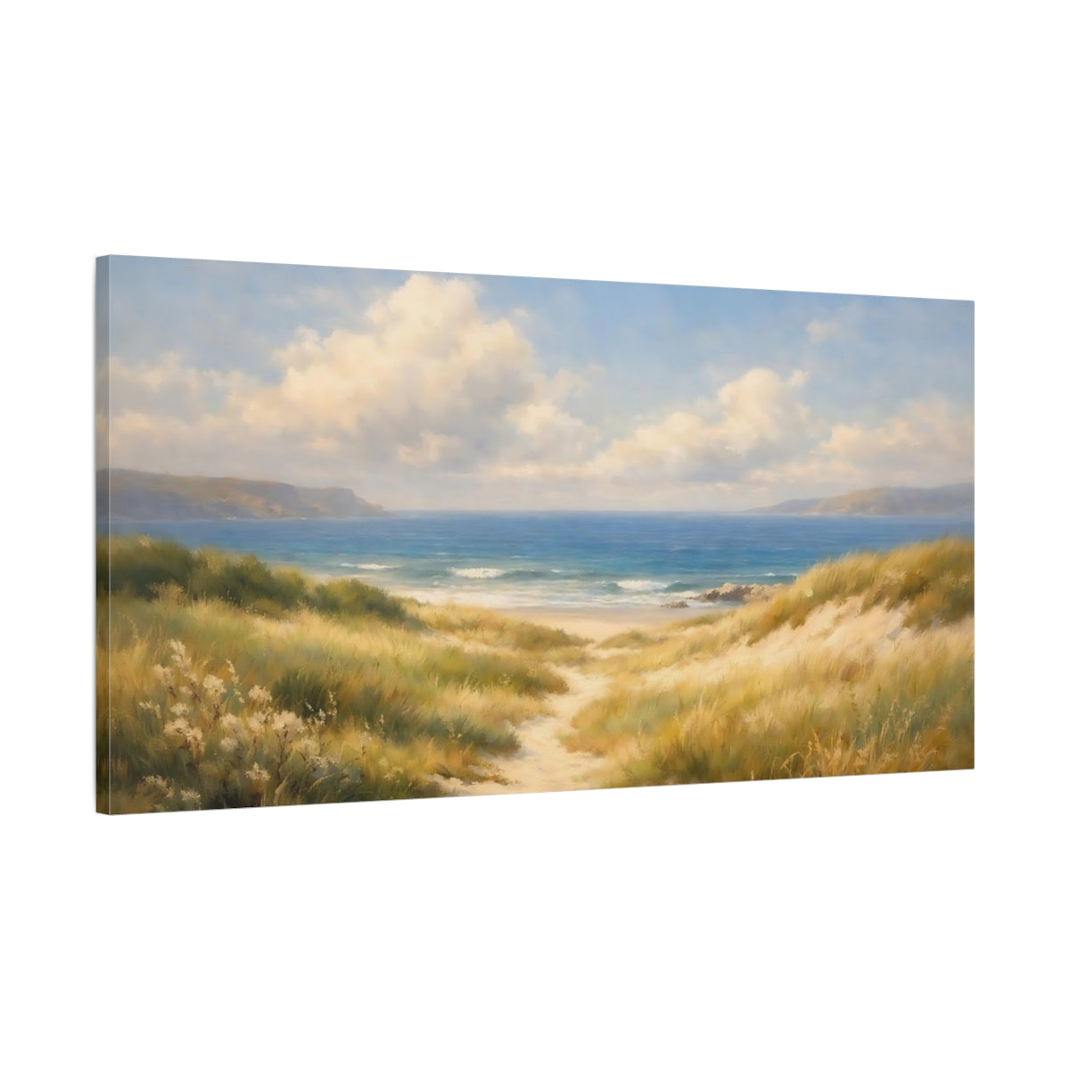 Side Mockup 1. Nature Beach Dunes Blue And Gold Beach shown as stretched canvas wall art
