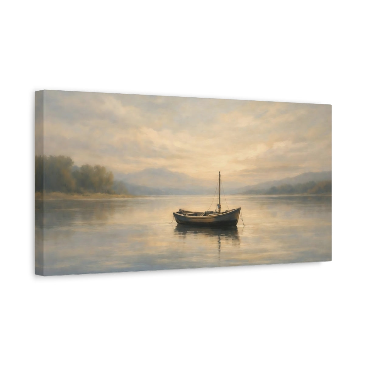 Side Mockup 3. Nature Boat Misty Boat Lake shown as stretched canvas wall art