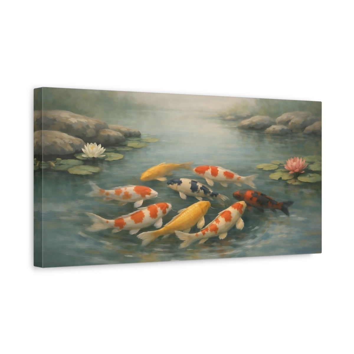 Side Mockup 3. Nature Koi Fish Colorful Koi Pond shown as stretched canvas wall art