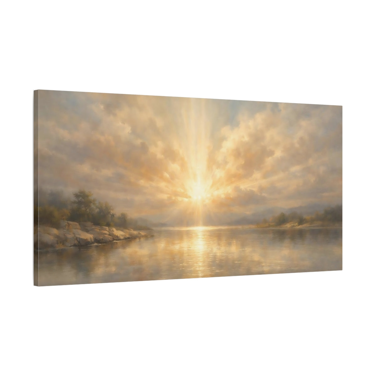 Side Mockup 1. Nature Lake Sunburst Golden Lake Scene shown as stretched canvas wall art