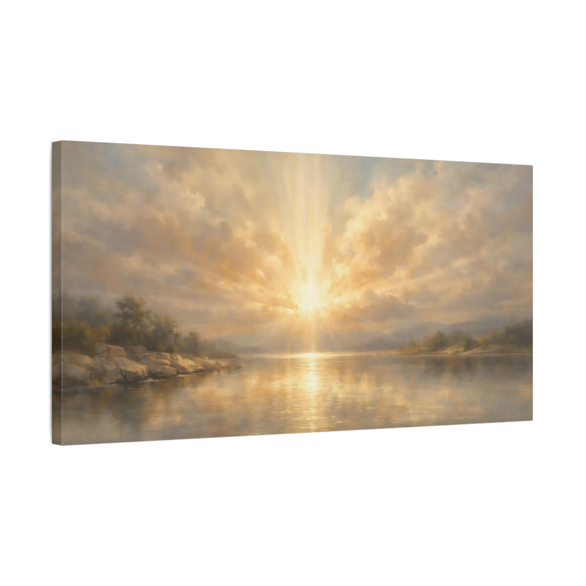 Side Mockup 2. Nature Lake Sunburst Golden Lake Scene shown as stretched canvas wall art