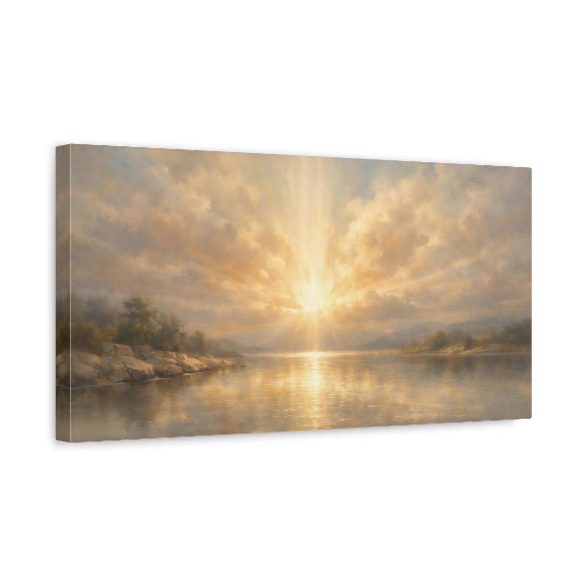 Side Mockup 3. Nature Lake Sunburst Golden Lake Scene shown as stretched canvas wall art
