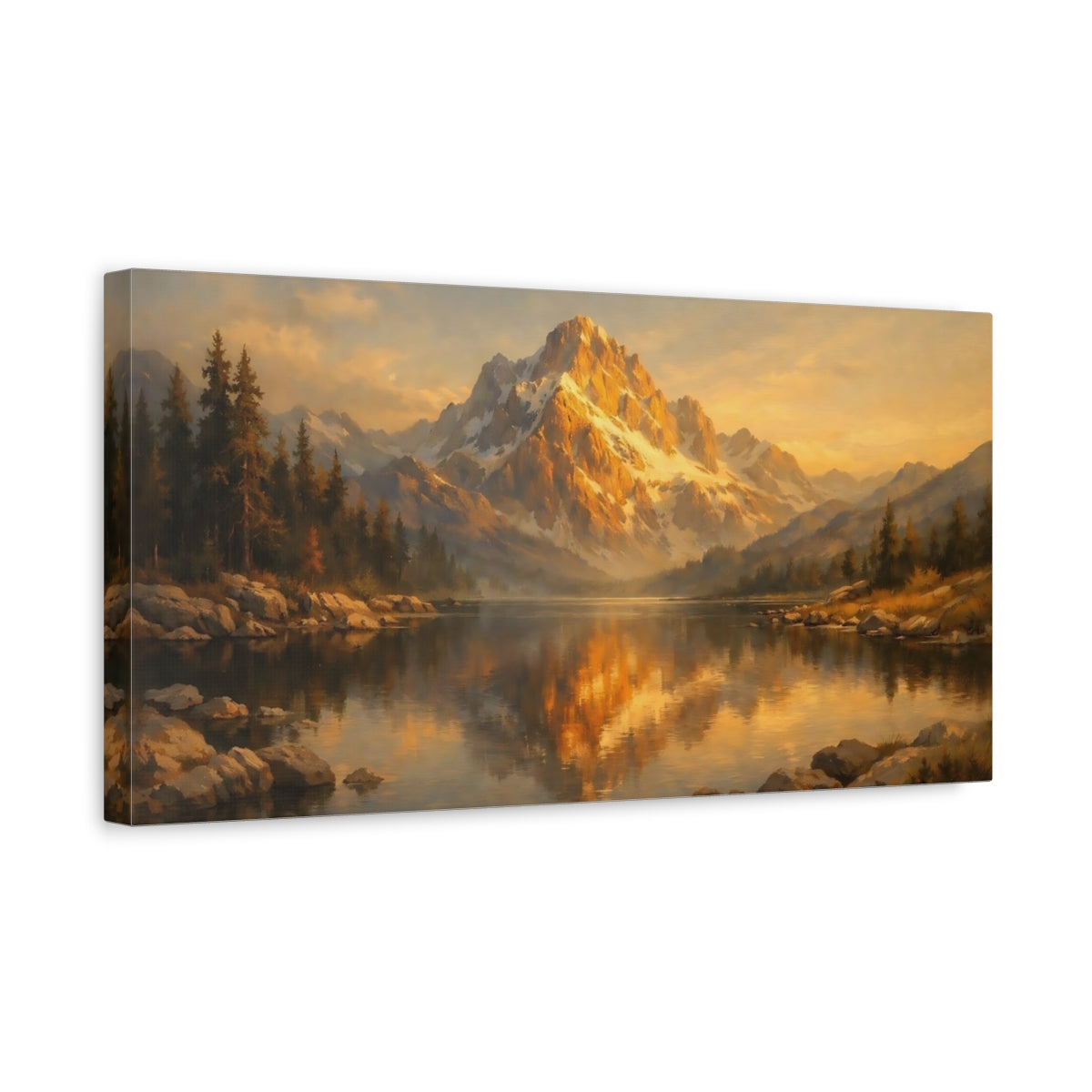 Side Mockup 3. Nature Mountain Lake Golden Mountain Lake shown as stretched canvas wall art