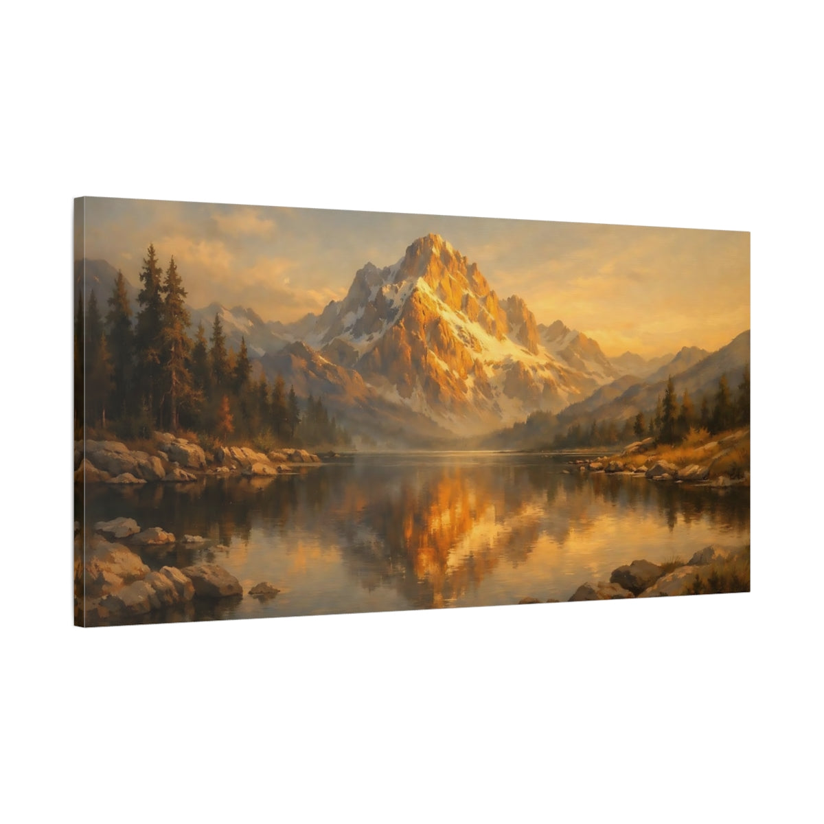 Side Mockup 1. Nature Mountain Lake Golden Mountain Lake shown as stretched canvas wall art