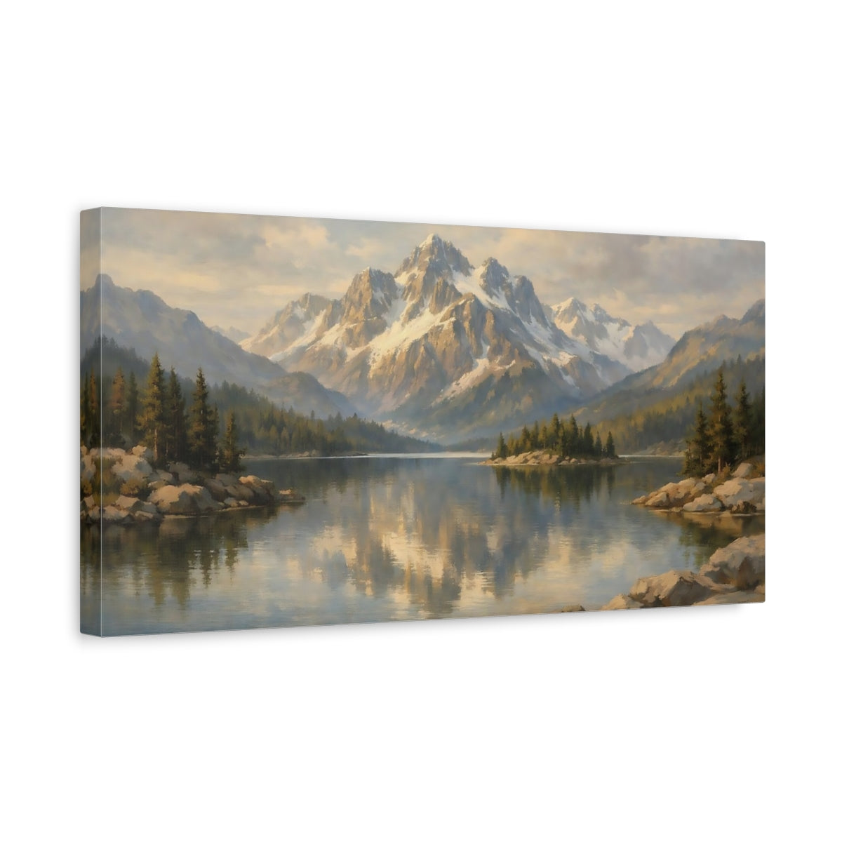 Side Mockup 3. Nature Mountain Lake Mountain Lake Vista shown as stretched canvas wall art
