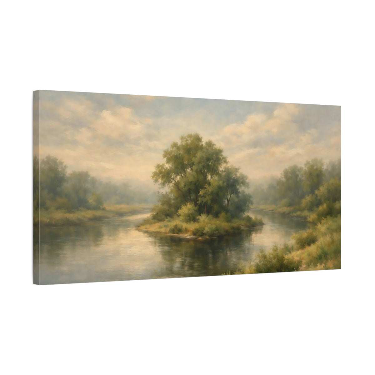 Side Mockup 2. Nature River Island Green And Blue Landscape shown as stretched canvas wall art
