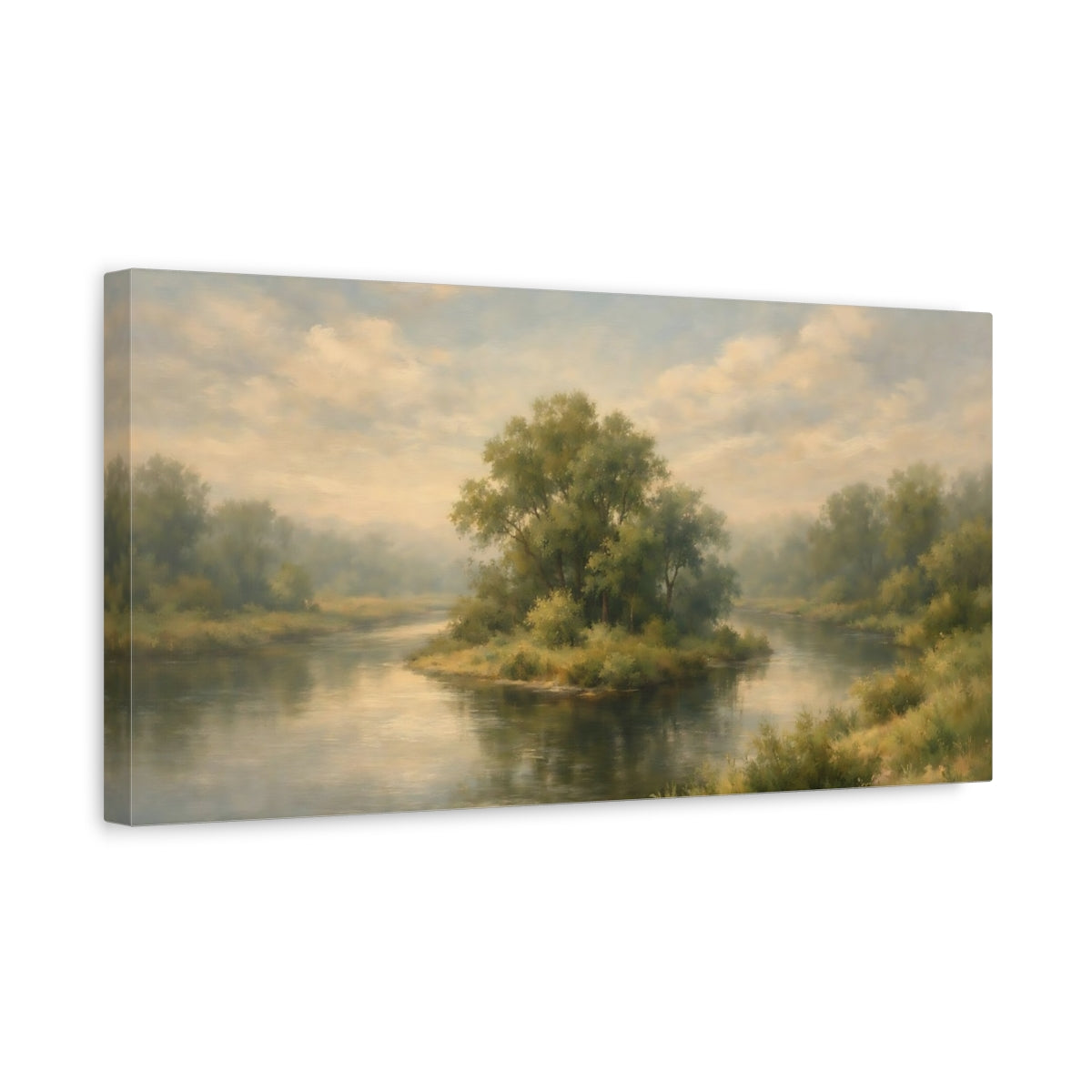 Side Mockup 3. Nature River Island Green And Blue Landscape shown as stretched canvas wall art