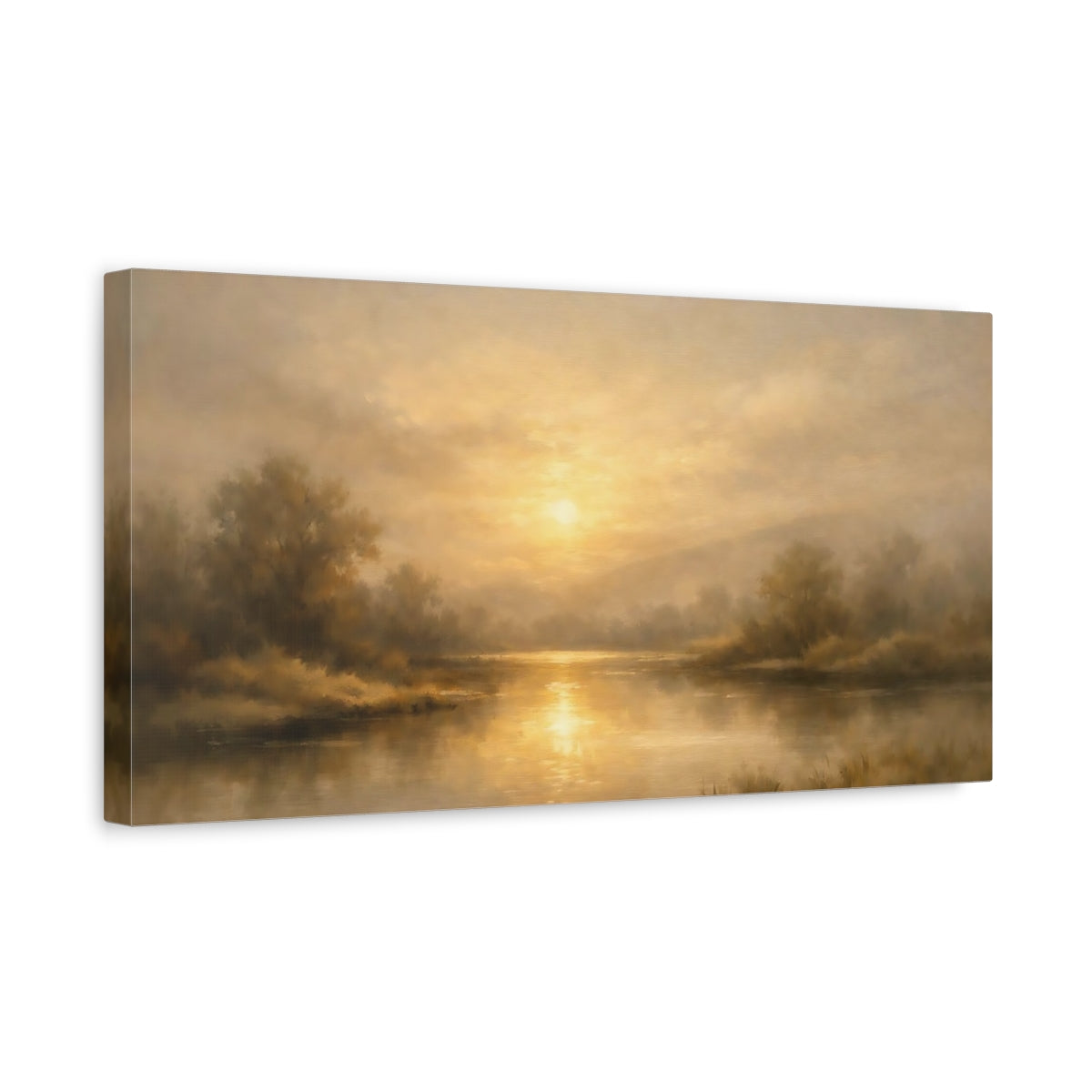 Side Mockup 3. Nature River Landscape Golden Landscape shown as stretched canvas wall art