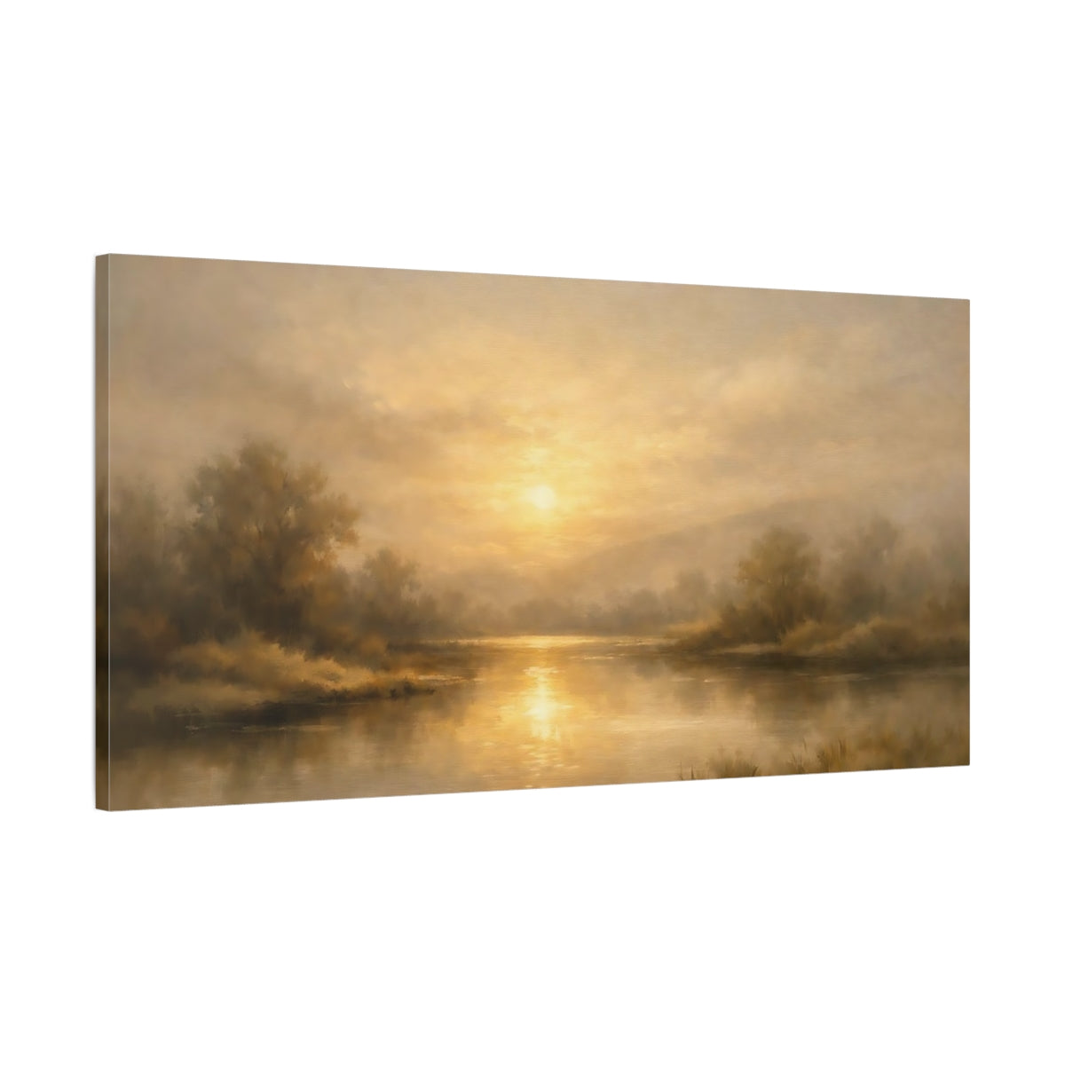Side Mockup 1. Nature River Landscape Golden Landscape shown as stretched canvas wall art