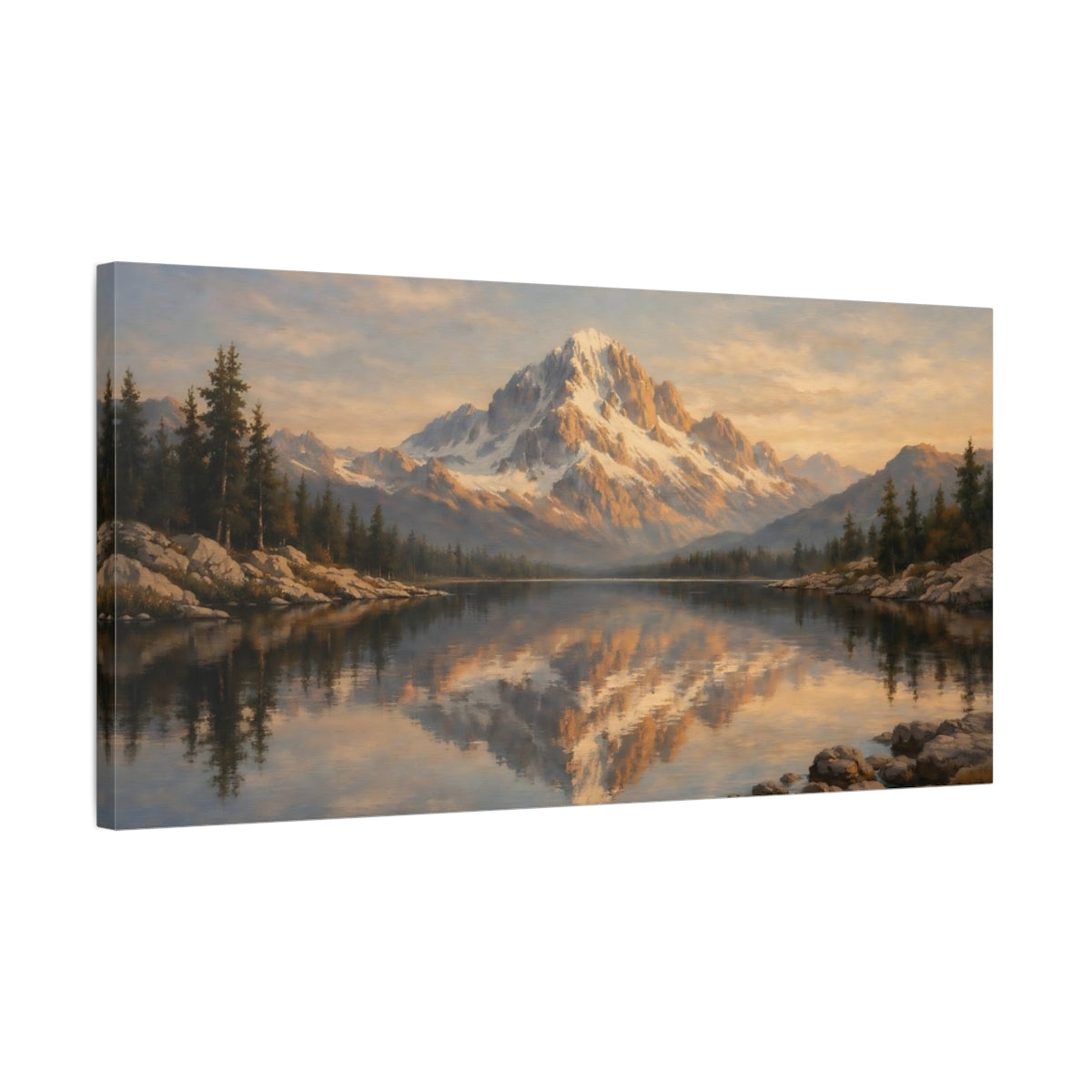 Side Mockup 2. Nature Snowy Mountain Golden Mountain Lake shown as stretched canvas wall art