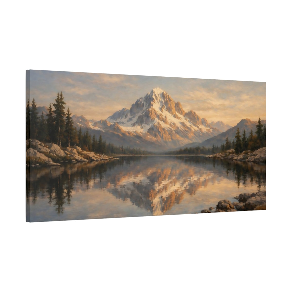Side Mockup 1. Nature Snowy Mountain Golden Mountain Lake shown as stretched canvas wall art