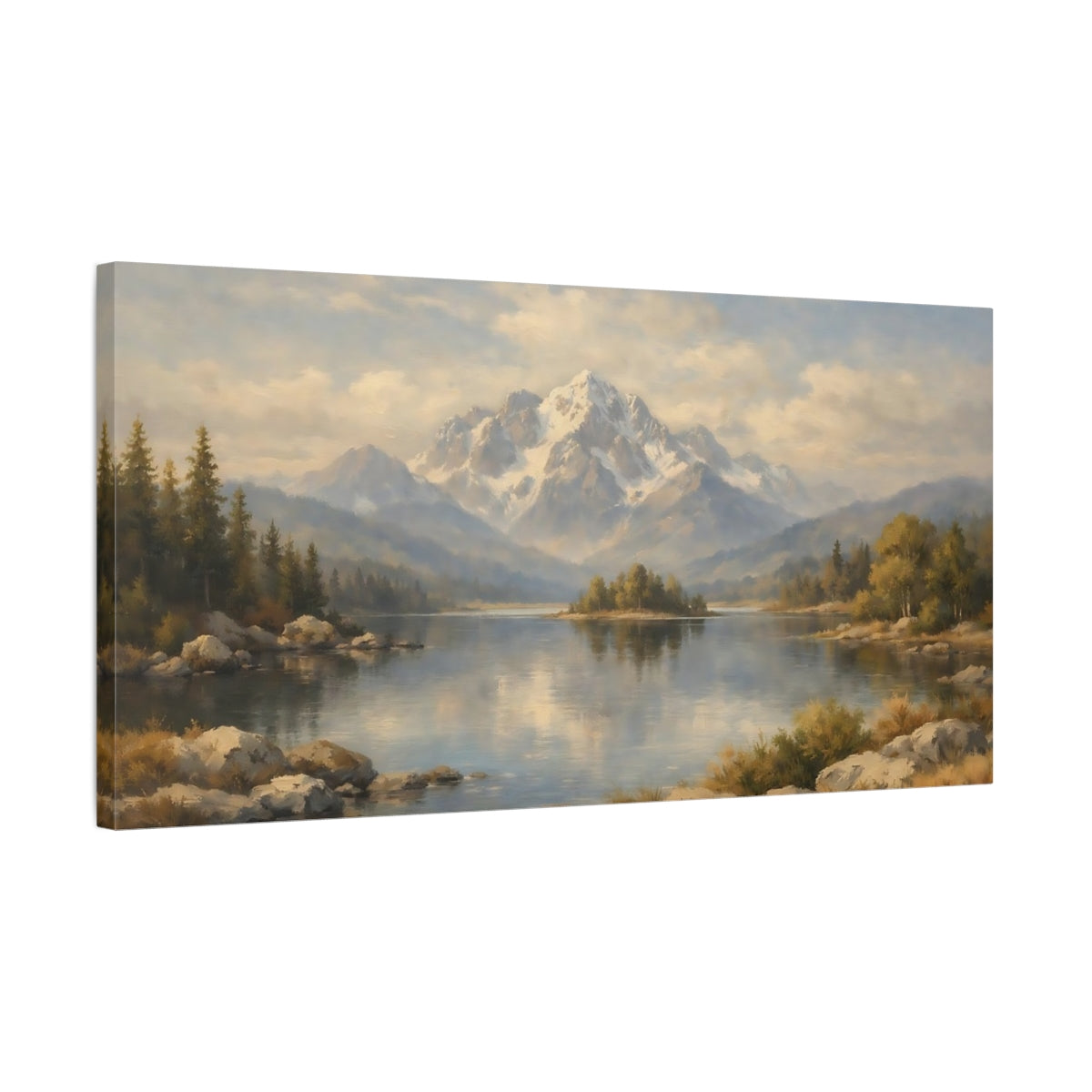 Side Mockup 2. Nature Snowy Mountain Mountain Lake Landscape shown as stretched canvas wall art