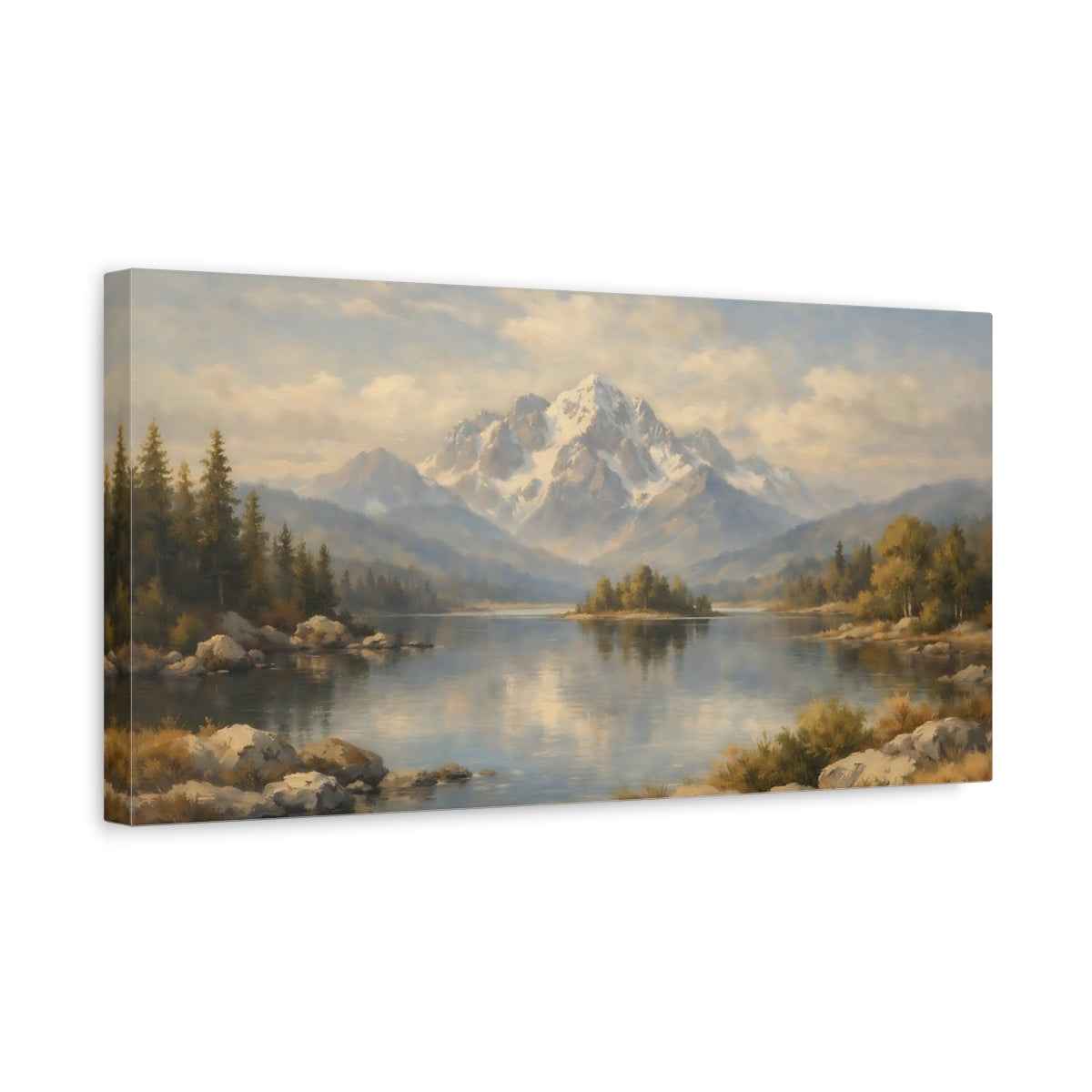 Side Mockup 3. Nature Snowy Mountain Mountain Lake Landscape shown as stretched canvas wall art