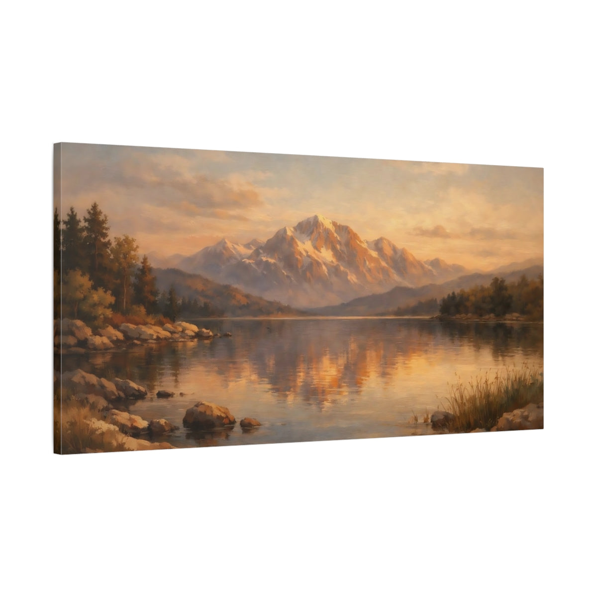 Side Mockup 1. Nature Snowy Mountains Golden Hour Landscape shown as stretched canvas wall art