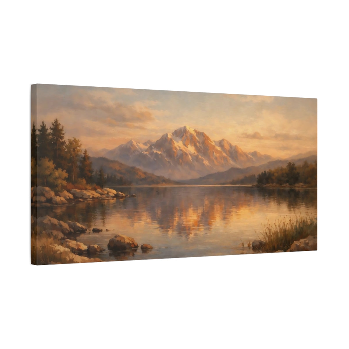 Side Mockup 2. Nature Snowy Mountains Golden Hour Landscape shown as stretched canvas wall art