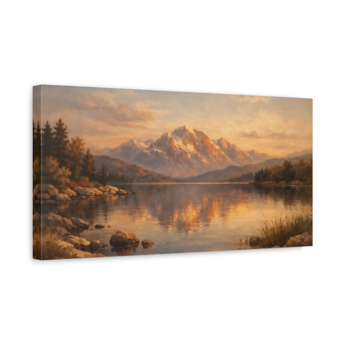 Side Mockup 3. Nature Snowy Mountains Golden Hour Landscape shown as stretched canvas wall art