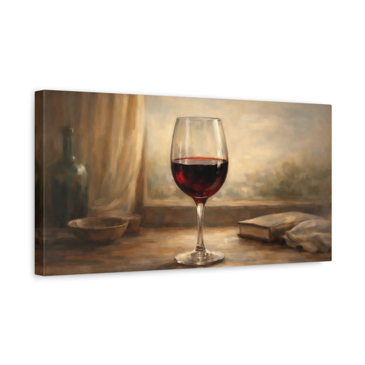 Side Mockup 3. Vintage Wine Glass Warm Still Life shown as stretched canvas wall art